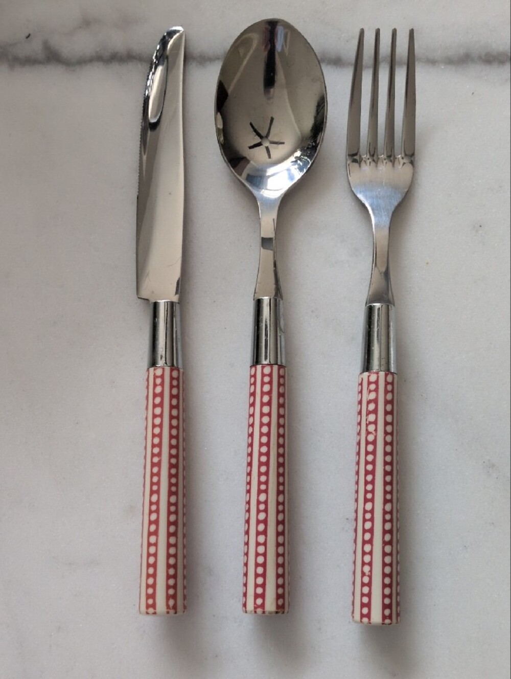 Pottery Barn Red-Patterned Handle Flatware Set With Black Caddy